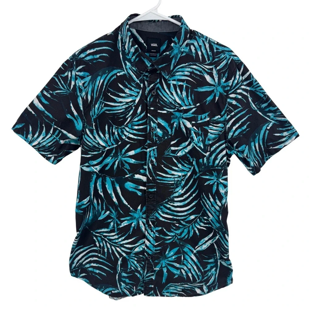 Vans Mens Tailored Fit Short Sleeve Button Down Shirt Teal Black Palm Leaf Med‎